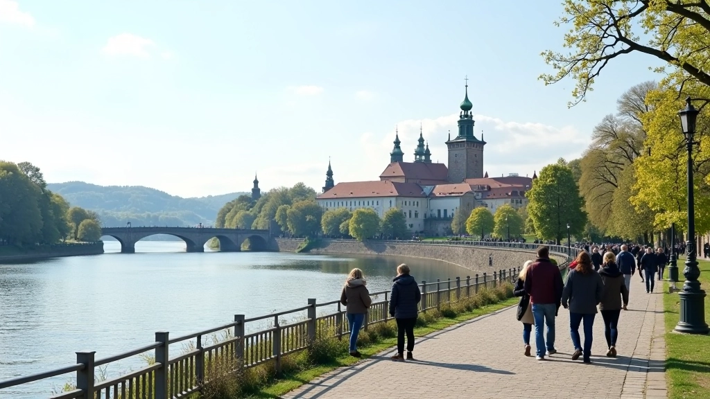 Wawel i Wisła, panorama Krakowa, turyści spacerujący, rzeka, zamek na wzgórzu